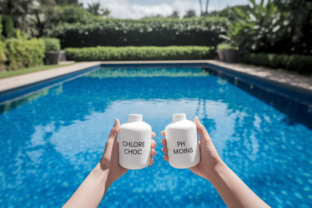 piscine-bleue-mains-bidons-verdure