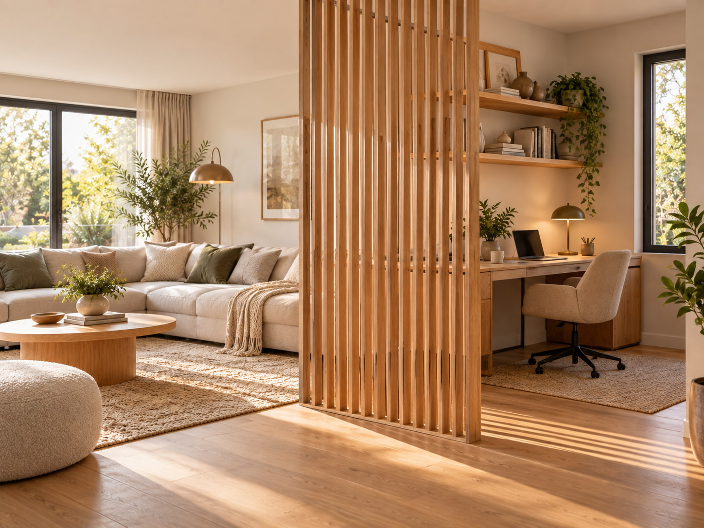 cloison en bois à lames verticales séparant un salon confortable d'un espace bureau, tout en laissant circuler la lumière dans la pièce.