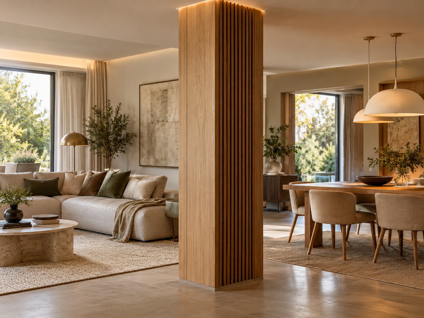 pilier central habillé de bois intégré à un intérieur moderne, utilisé comme transition visuelle entre le salon et la salle à manger.